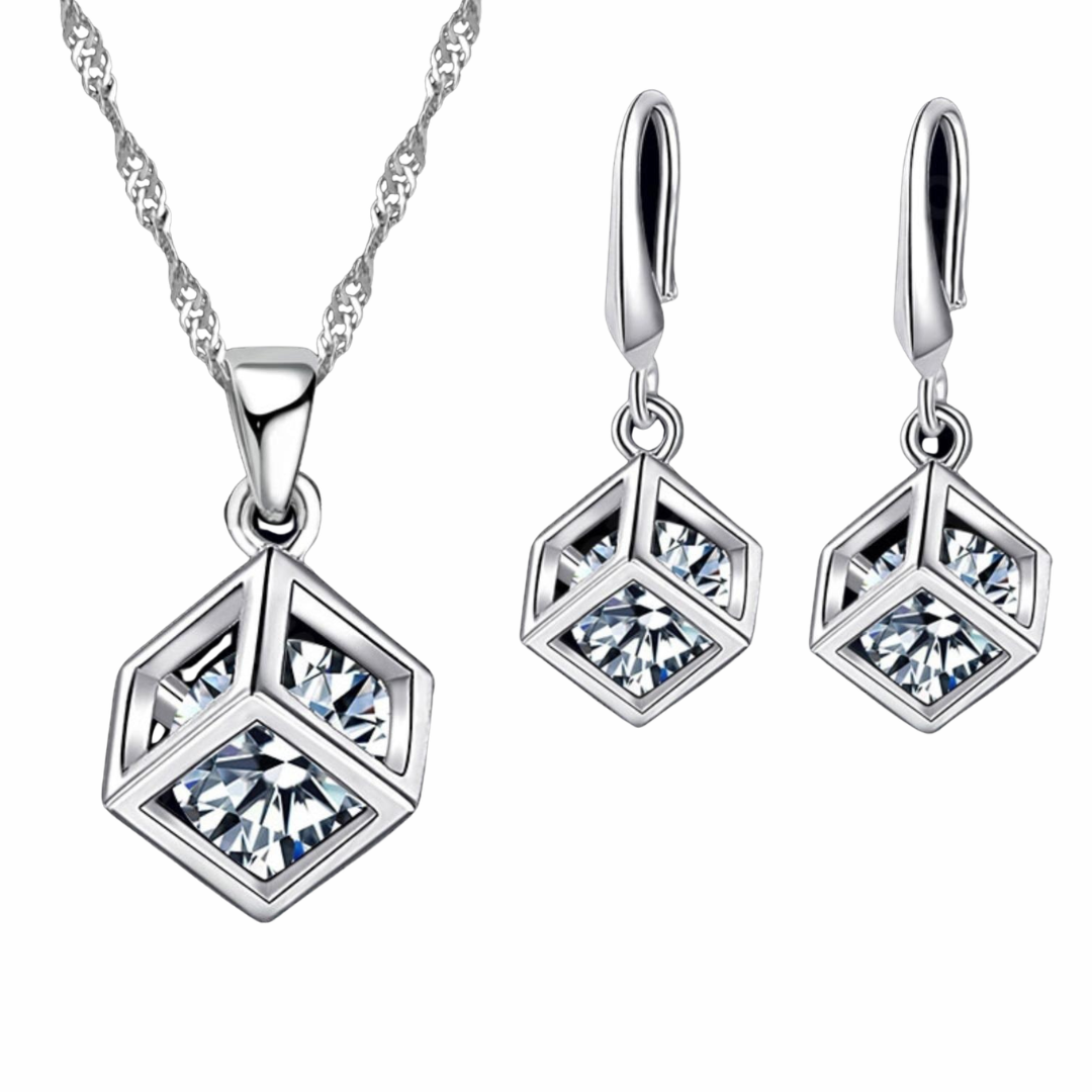 Sparkling Cube CZ Necklace & Earrings Set — Elegant Rope Chain Pendant 1307
