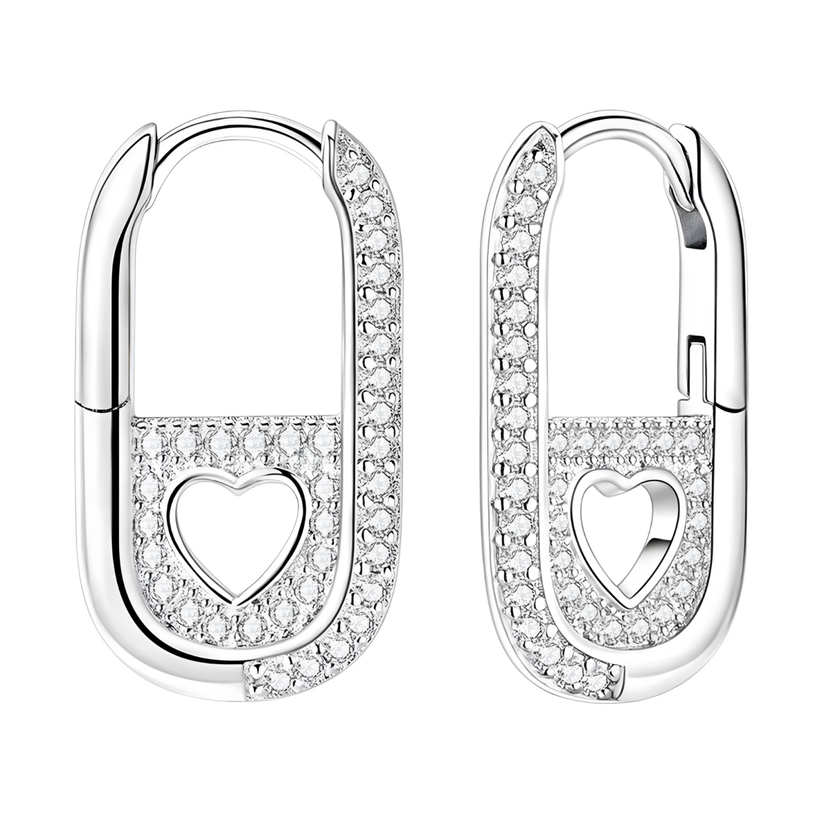 Silver Plated Heart Cutout Safety Pin Huggie Hoop Earrings, Pave CZ Diamond 634
