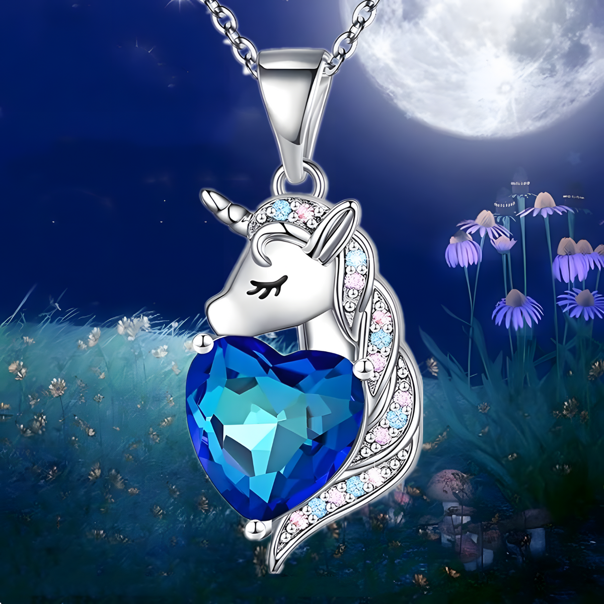 Unicorn Heart Crystal Pendant Necklace Women Zinc Alloy Chain, Artificial 1119