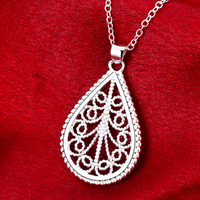 Water Drop Pendant Necklace and Earring Set-Copper Alloy 925 Silver Plating 1202