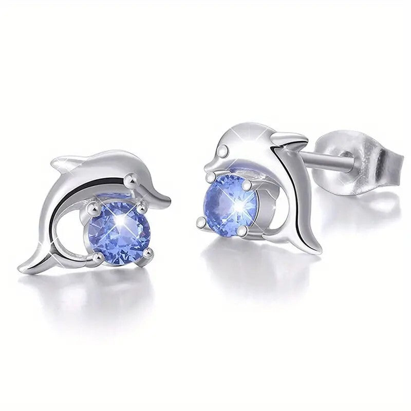 925 Silver Plated Round Cut SeaBlue Gemstone Cute Dolphin Stud Earrings 20 UK