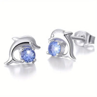 925 Silver Plated Round Cut SeaBlue Gemstone Cute Dolphin Stud Earrings 20 UK
