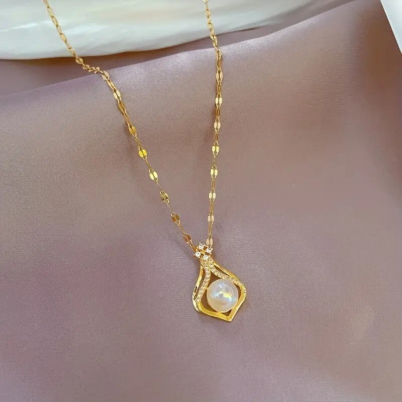 Stainless Steel Water Drop Pearl Pendant Necklace Women Fashion Clavicle 27 UK