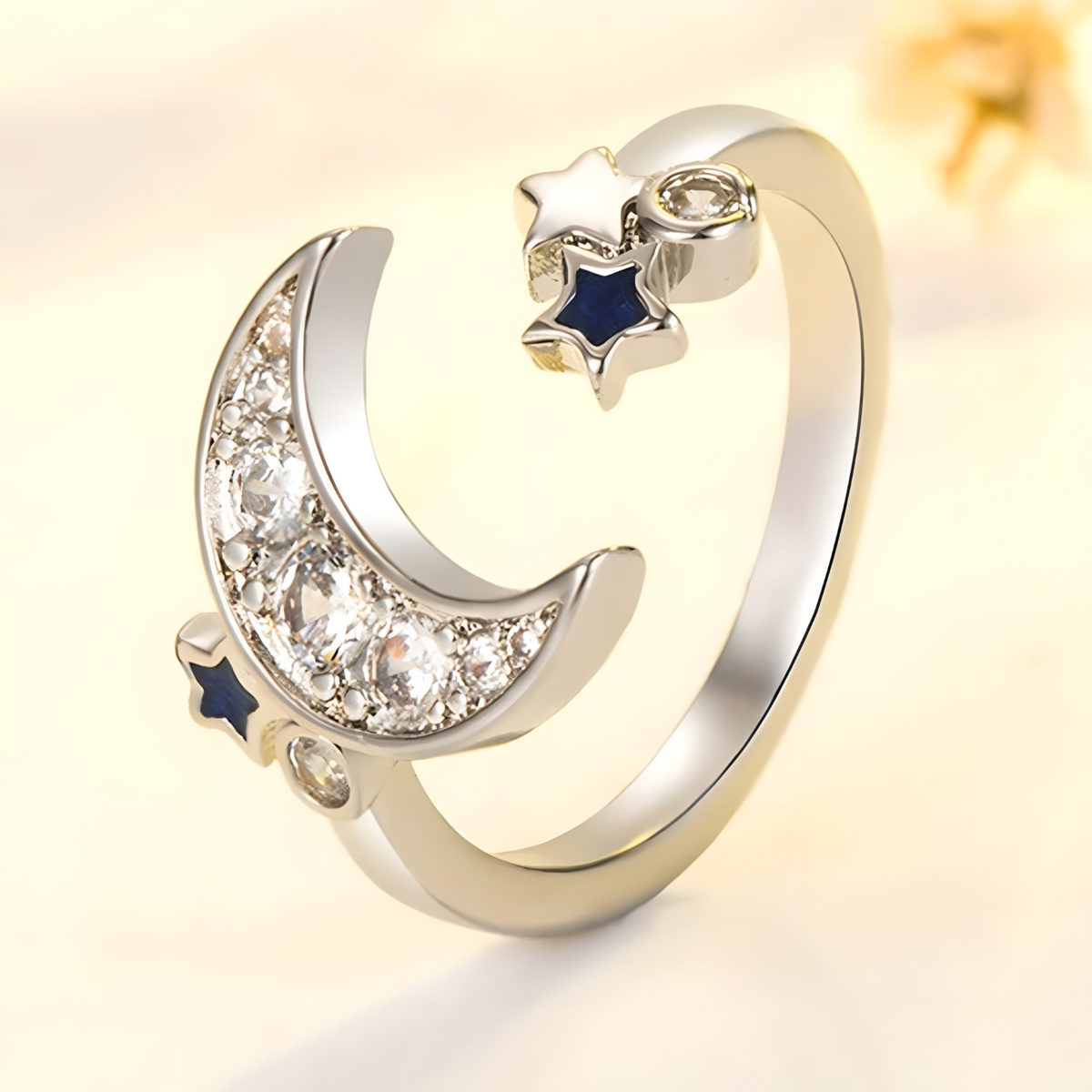 925 Sterling Silver Moon and Star Adjustable Ring Rhinestone Celestial Ring 367