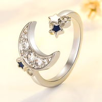 925 Sterling Silver Moon and Star Adjustable Ring Rhinestone Celestial Ring 367