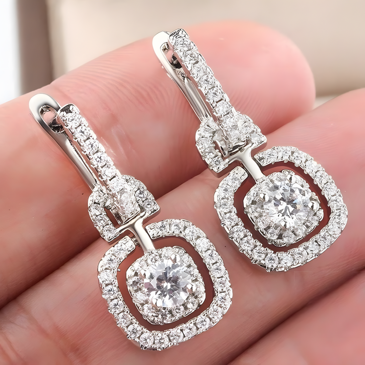Radiant Halo Drop Earrings For Women - Rhodium-Plated Alloy Dangle 1457
