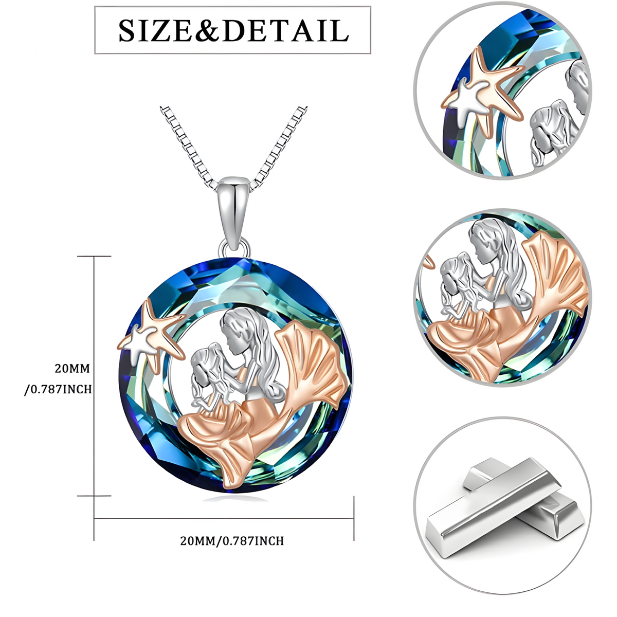 Mermaid Round Crystal Pendant Necklace - Classic & Fashionable Ladies Ocean B69