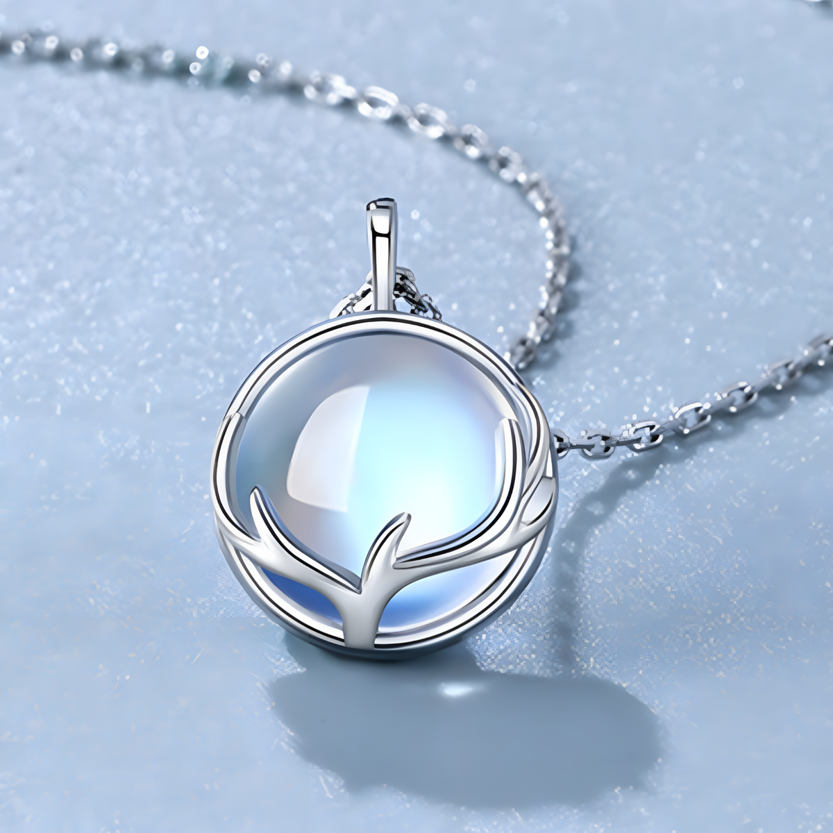 Copper Necklace with Cubic Zirconia Round Pendant for Women, Blue Moonstone 1257