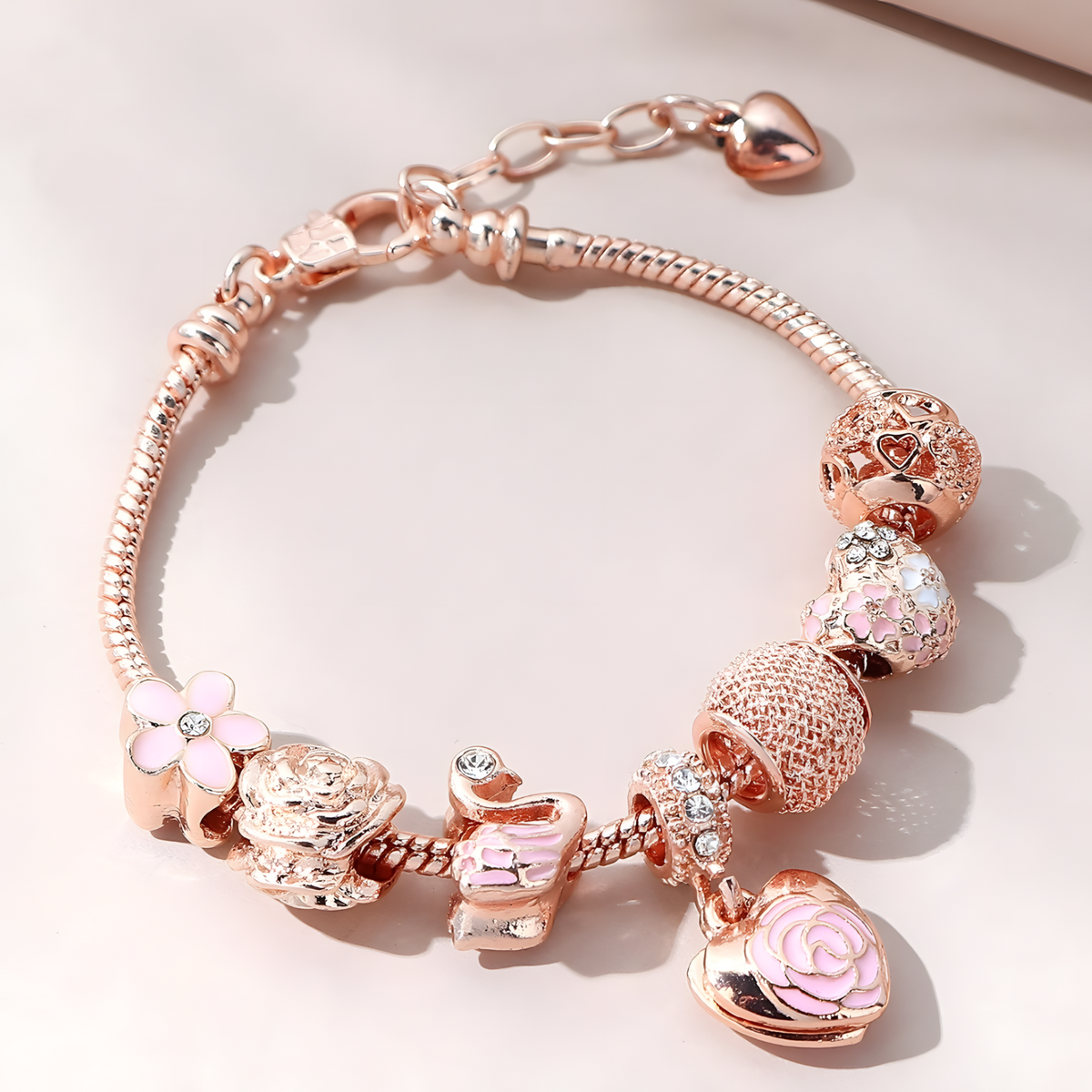 Rose Gold Tone Heart Flower Charm Bracelet Adjustable 19.5-22cm Trendy 1735