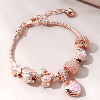 Rose Gold Tone Heart Flower Charm Bracelet Adjustable 19.5-22cm Trendy 1735