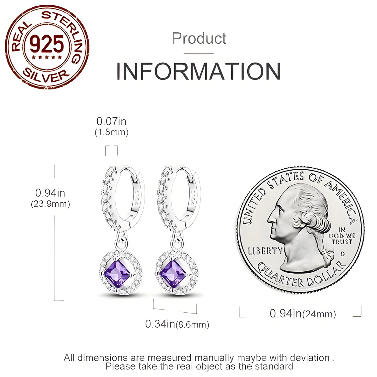 925 Sterling Silver Crystal Dangle Earrings Elegant Square Stone Jewelry  565