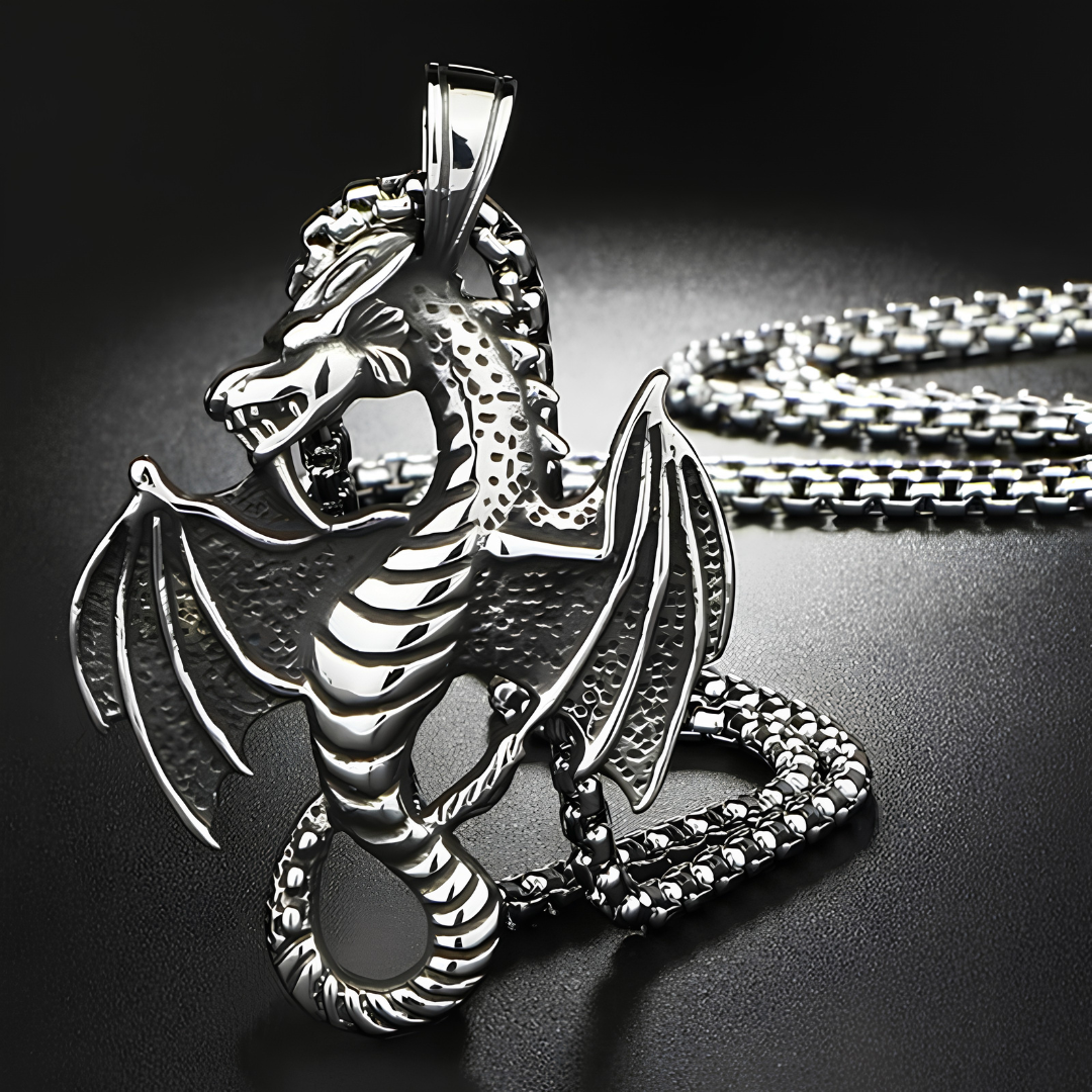Winged Dragon Pendant Necklace, 60 cm Gothic Fantasy Chain Detailed 54 mm 1887