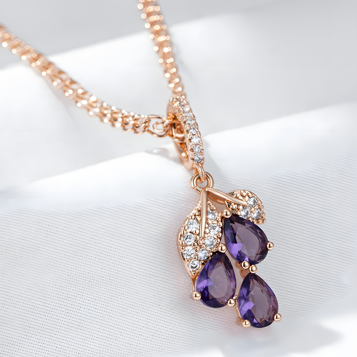 Purple Natural Zircon Pendant Necklace Copper, 585 Rose Gold Plated  1277