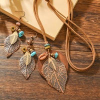 Boho Vintage Leaf Jewellery Set For Women, Layered Round Pendant Necklace 1704