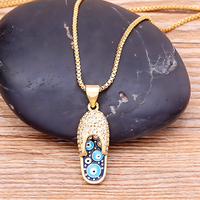 Enamel Slipper Pendant Necklace with Blue Evil Eye Design, Boho Gold-Tone B160