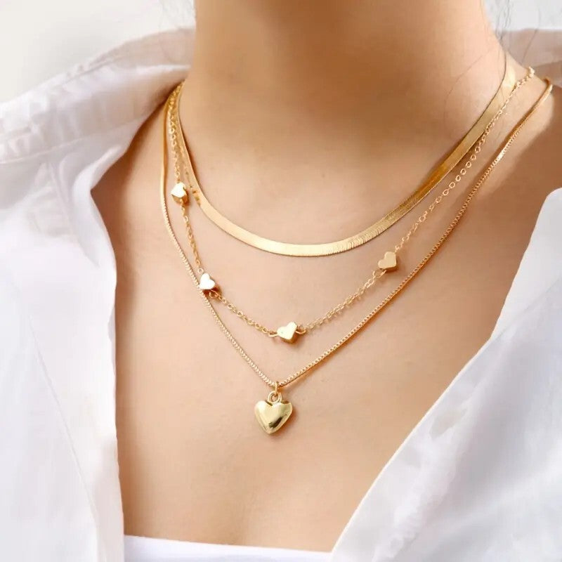 3 Pcs Heart Shape Charm Chain Stackable Three Layers Necklace Adjustable 93