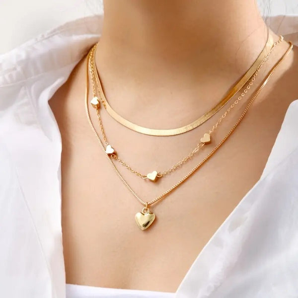 3 Pcs Heart Shape Charm Chain Stackable Three Layers Necklace Adjustable 93