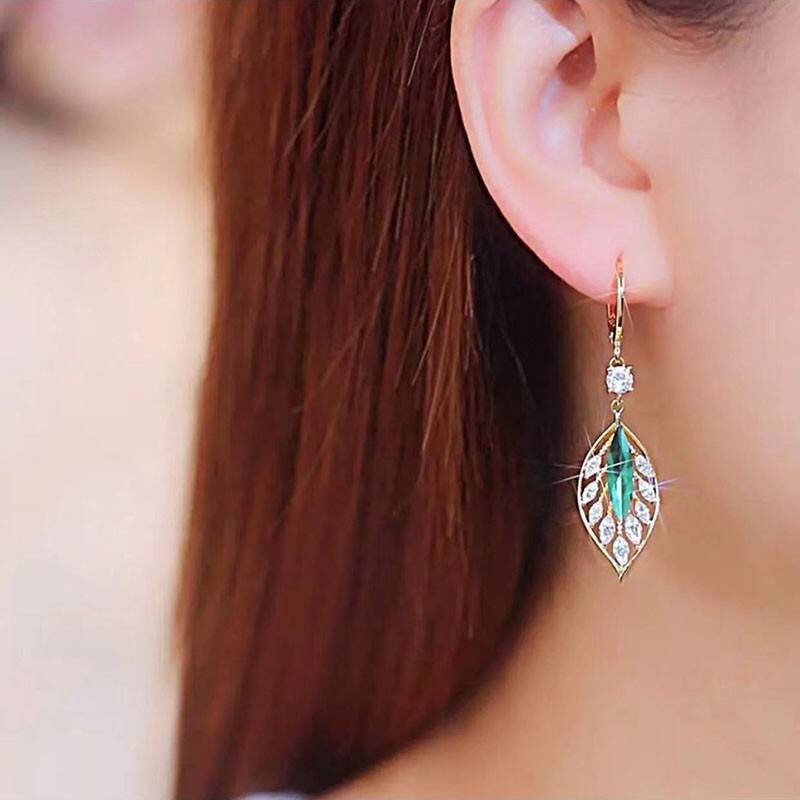 Leaf Crystal Drop Earrings, 14K Gold Plated with Sparkling Zirconia, Elegant 112