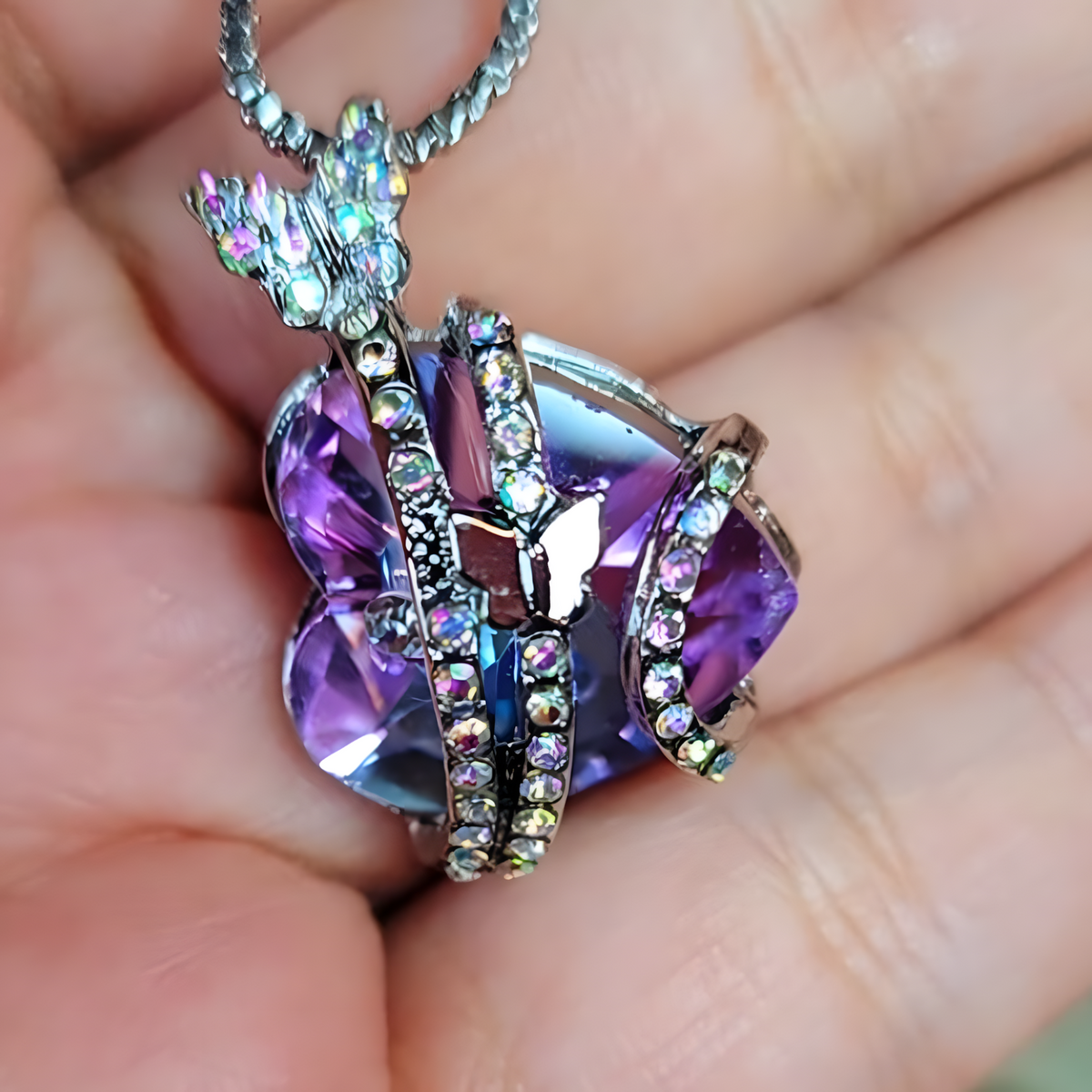 Butterfly Heart Necklace for Women Zinc Alloy Silver Colour Pavé Butterfly 1175