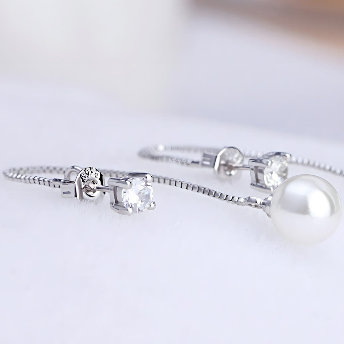 Silver-Plated Pearl Drop Earrings Women Long Chain Dangle Cubic Zirconia 922