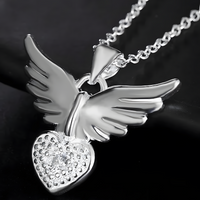 925 Sterling Silver Love Heart Angel Wing Zircon Pendant Necklace B43