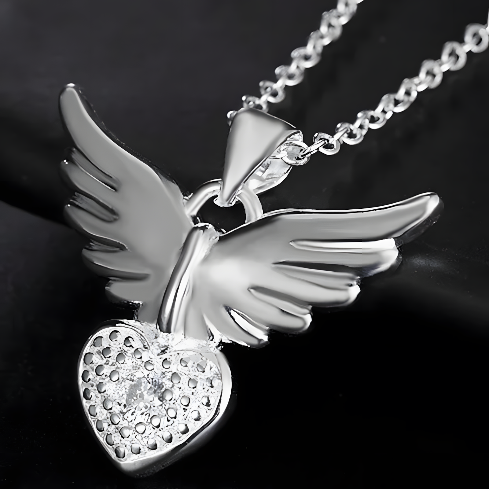 925 Sterling Silver Love Heart Angel Wing Zircon Pendant Necklace B43