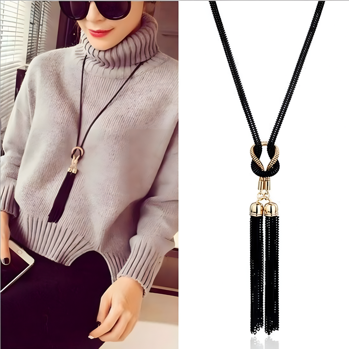 Black Mesh Sweater Chain Necklace with Gold-Plated Tassel Pendant-72cm Long 1448