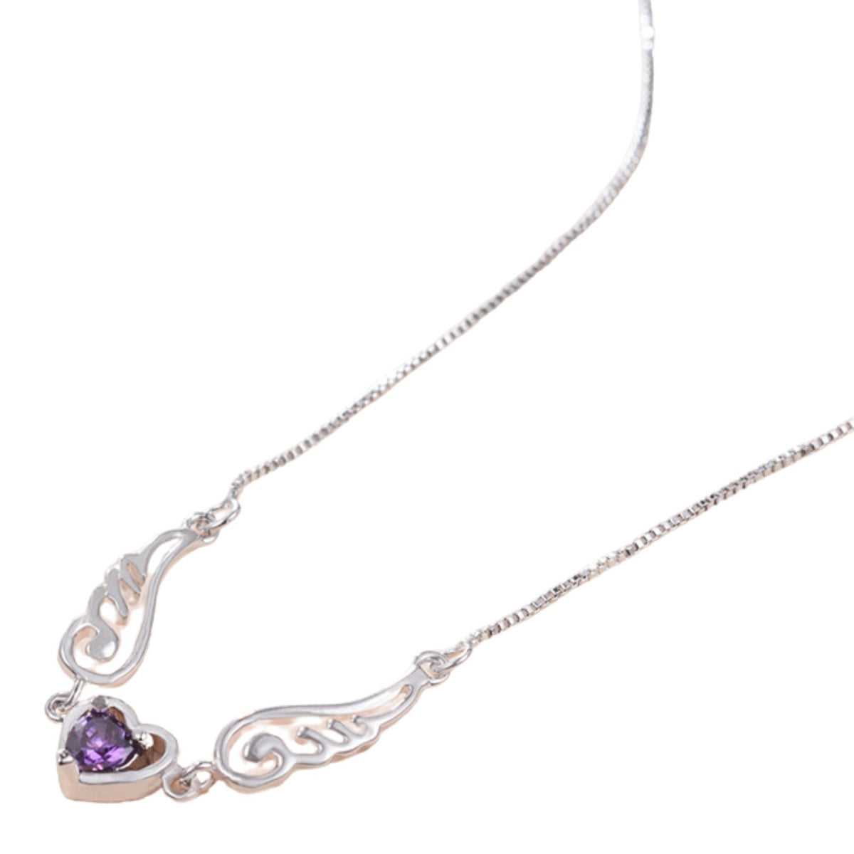 Unified Jewellery Sterling Silver Angel Wing Heart Necklace, Purple Crystal 329