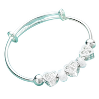Heart Bow Charm Bangle for Women - Adjustable Polished Bracelet Three Heart 1816