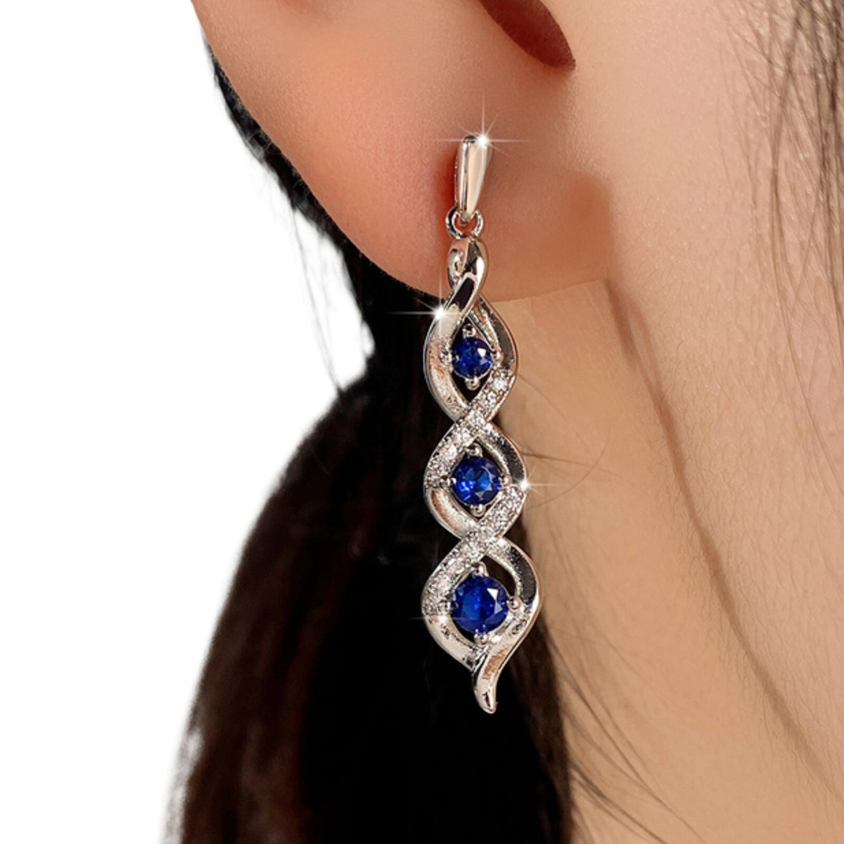 Blue Crystal Dangle Drop Earrings for Women – Elegant Long Twist Design  B6