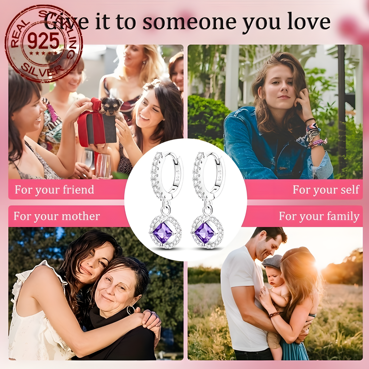 925 Sterling Silver Crystal Dangle Earrings Elegant Square Stone Jewelry  565
