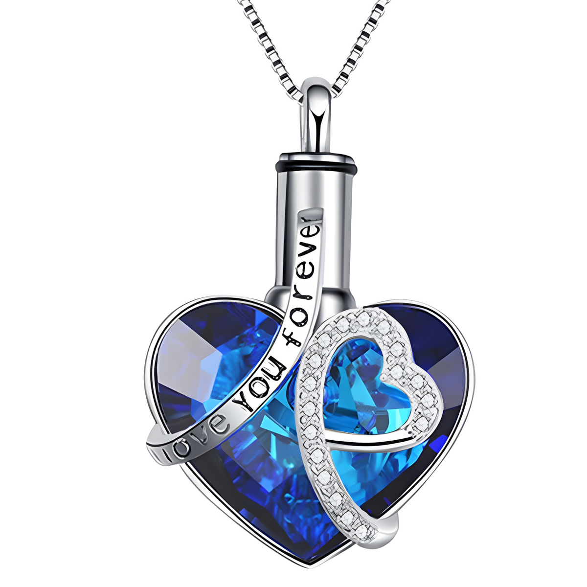 Women's "Love You Forever" Heart Urn Necklace for Human Ashes Blue Crystal B96