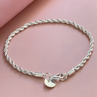 Twisted Rope Chain Bracelet, 20cm Silver Colour Link Bracelet, Trendy Round 1795