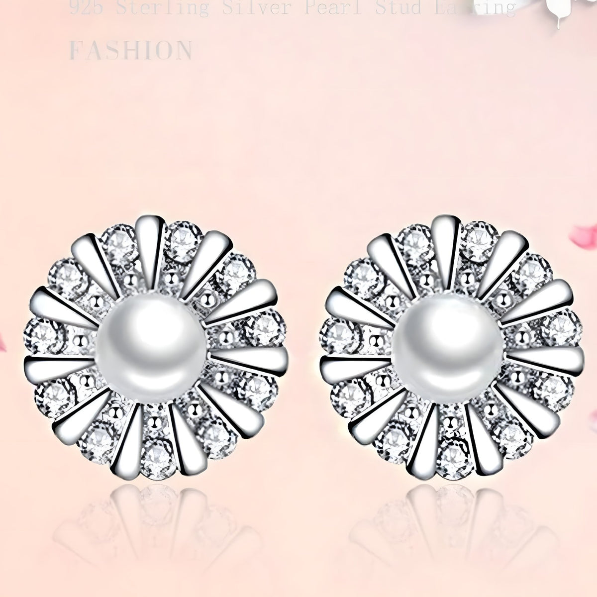 925 Sterling Silver Sunflower Stud Earrings Freshwater Pearl & Cubic Zircon 343