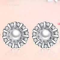 925 Sterling Silver Sunflower Stud Earrings Freshwater Pearl & Cubic Zircon 343