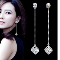 925 Silver-Plated Long Drop Earrings for Women Sparkling Cubic Zirconia Cube 986