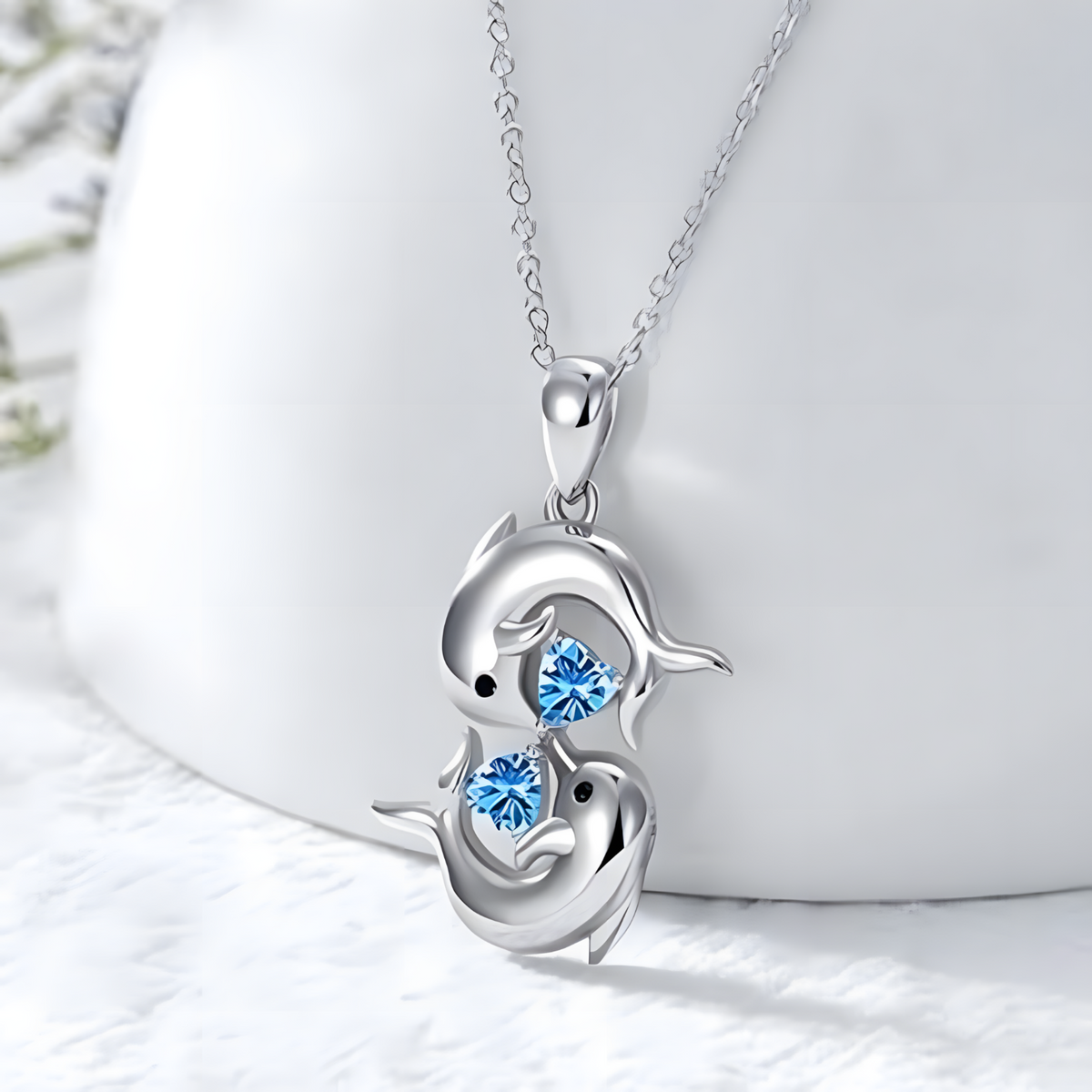 Sterling Silver Plated Double Dolphin Kiss Necklace for Women Romantic Blue B178