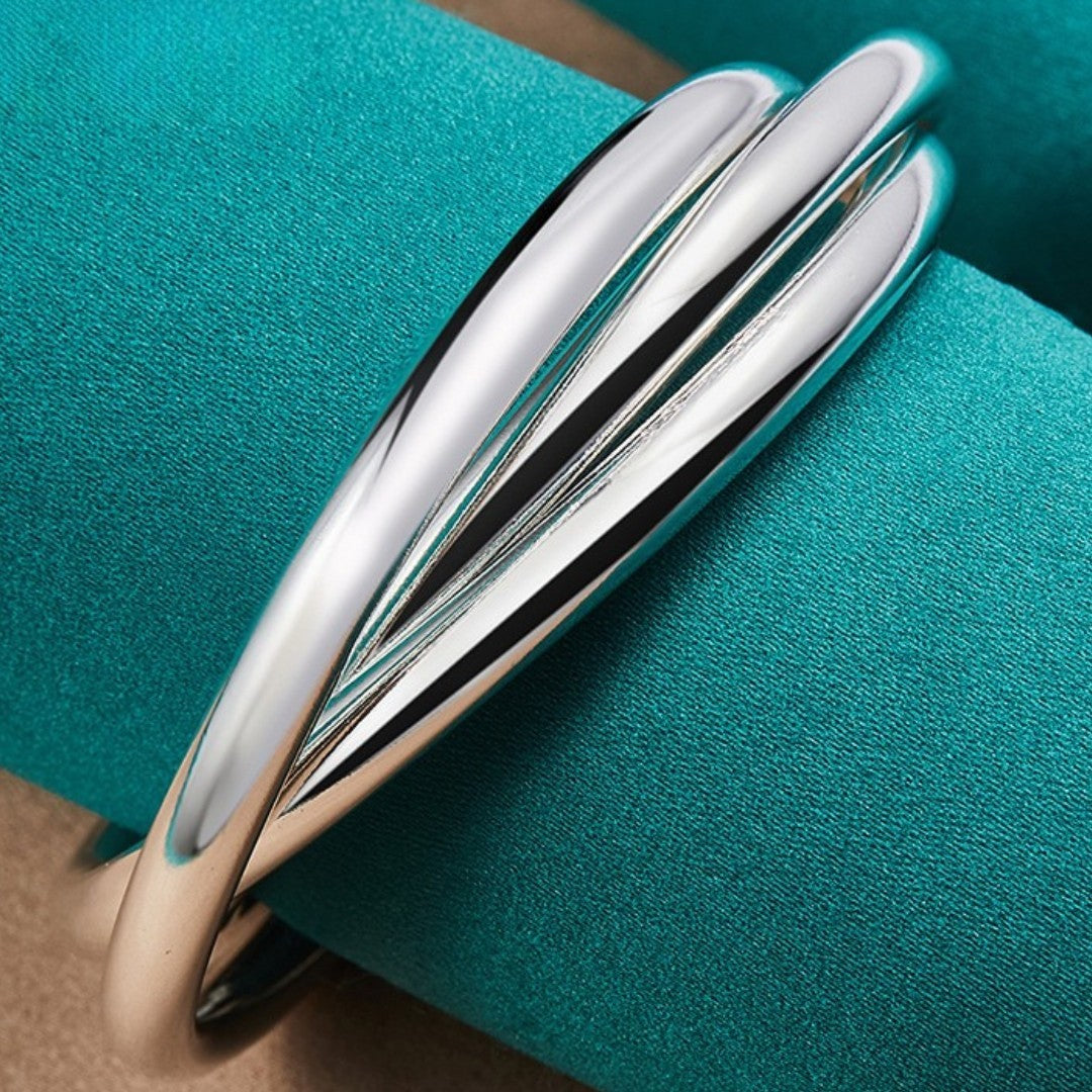 925 Sterling Silver Interlocking Trio Circle Bangle Bracelet- Linked Rings 396
