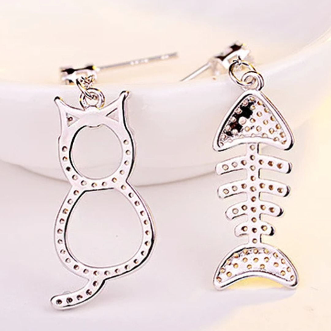 Exquisite Cat & Fishbone Mismatch Drop Earrings Women Sparkling CZ Accents 297