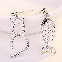 Exquisite Cat & Fishbone Mismatch Drop Earrings Women Sparkling CZ Accents 297