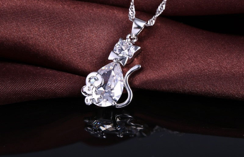 925 Sterling Silver Colour Cat Jewellery Set for Girls Cubic Zircon Necklace 726