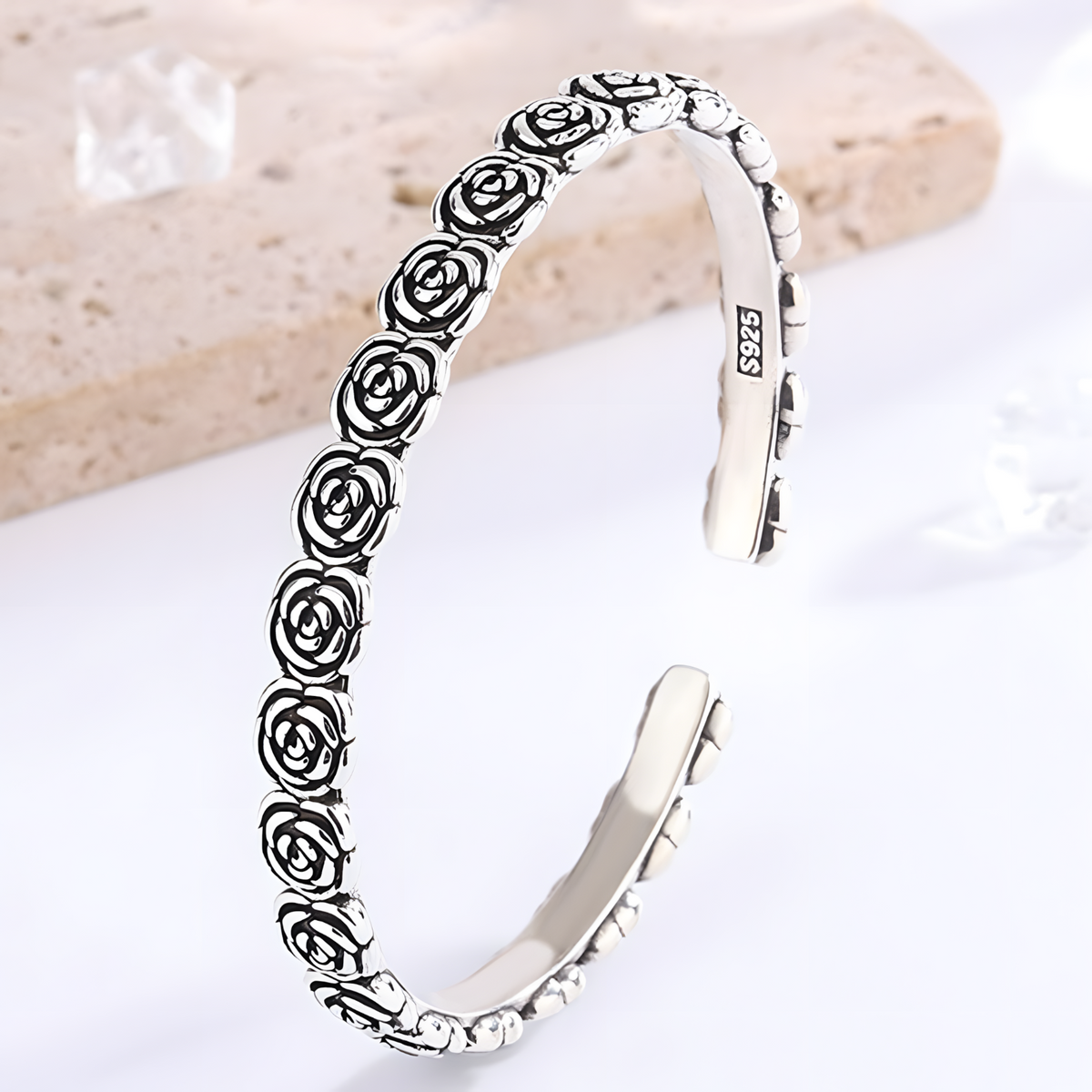 Rose-Pattern Open Cuff Bracelet Silver-Plated Alloy 20g Adjustable Bangle 1475