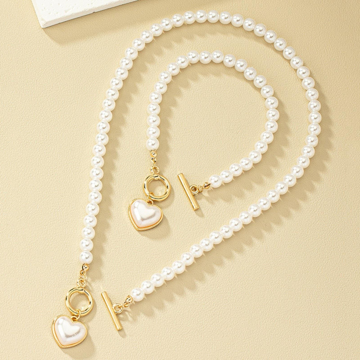 2 PCS Pearl Heart Necklace & Bracelet Set for Women – Simulated Pearl Beaded 708