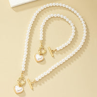 2 PCS Pearl Heart Necklace & Bracelet Set for Women – Simulated Pearl Beaded 708