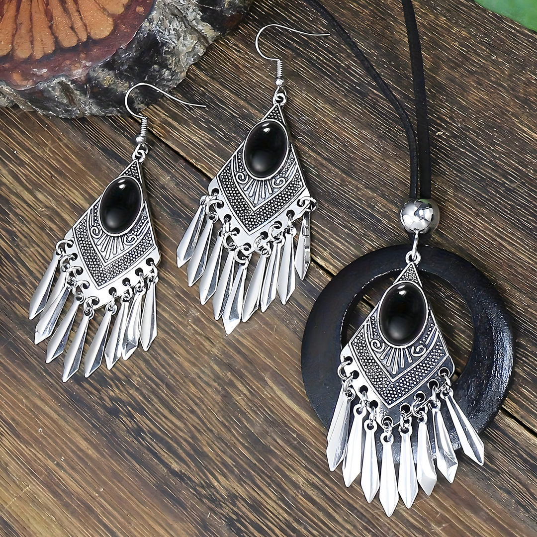 Retro Silver Geometric Tassel Jewelry Set Women –Ethnic Black Stone Necklace 687
