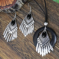 Retro Silver Geometric Tassel Jewelry Set Women –Ethnic Black Stone Necklace 687