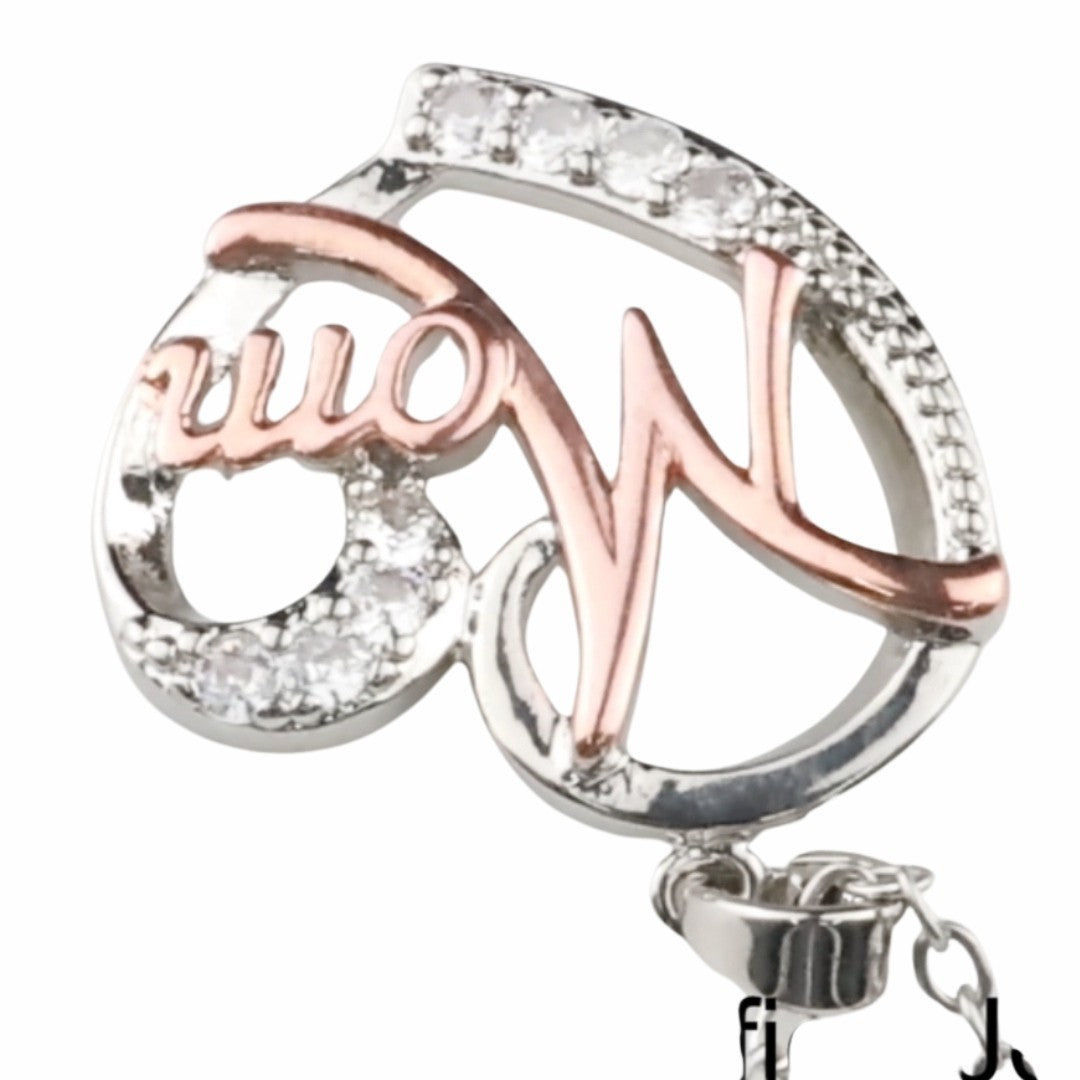 Two Tone Mom Heart Necklace Silver And Rose Gold Pendant Cubic Zirconia 1363