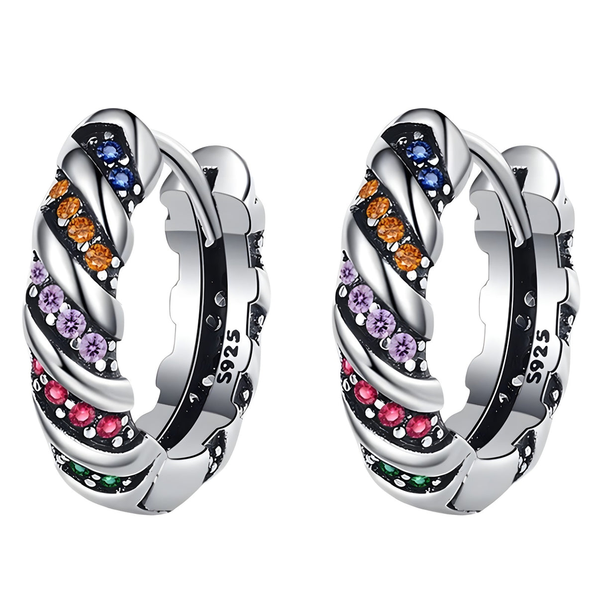 Sterling Silver Hoop Earrings with Multi-Color Cubic Zirconia Huggie Hoops 344