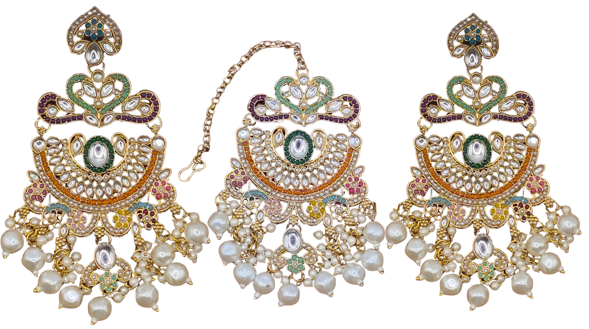 Elegant Bollywood Inspired Gold Kundan Earrings and Tika Set Indian Jewelry 247