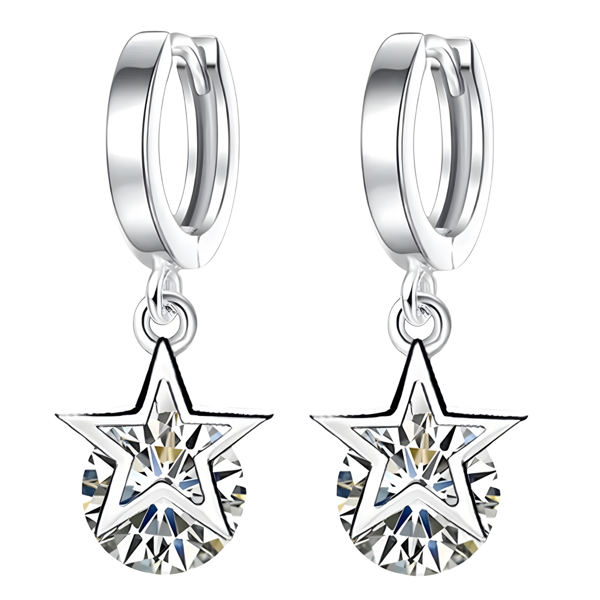 Unified Jewellery 925 Sterling Silver Star Earing Dangle Hoop Cubic Zirconia 478